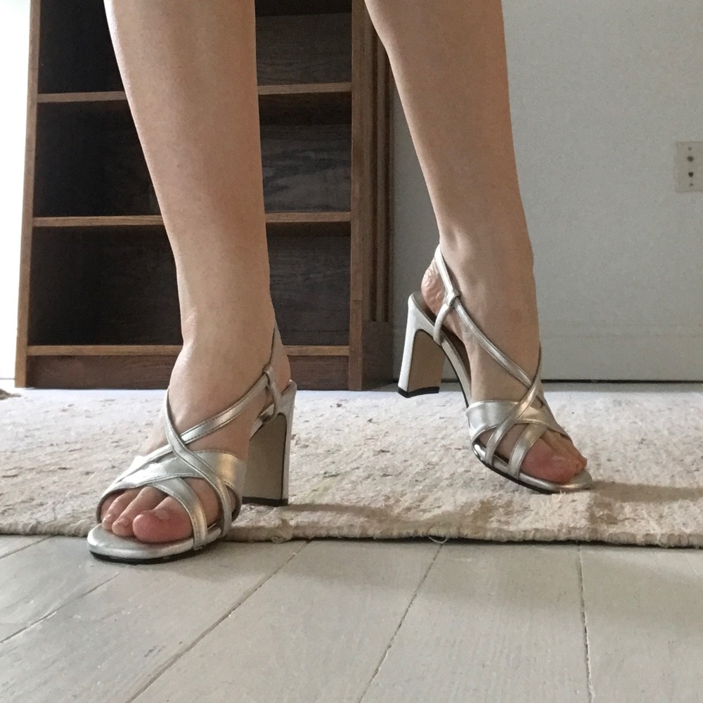 vintage silver strappy open toe block heels